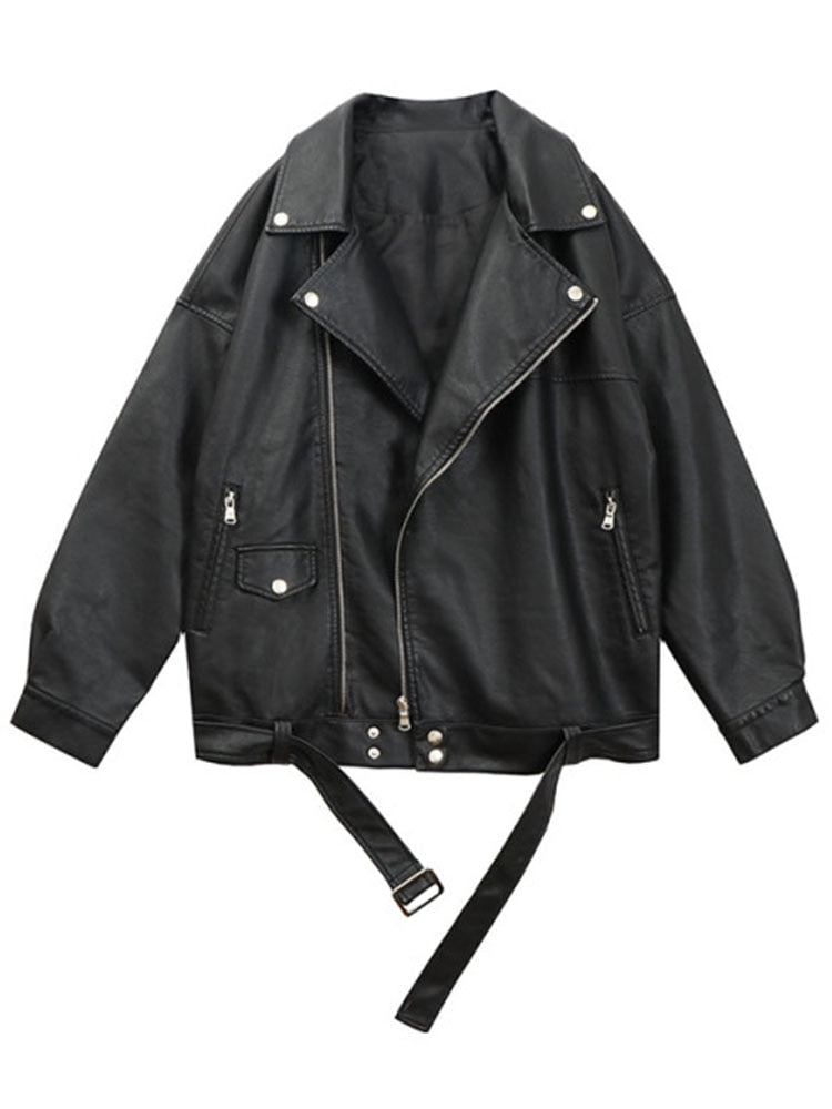 Sungtin Korean Faux Leather Jacket Women Belt Oversize BF Style Punk PU Women&