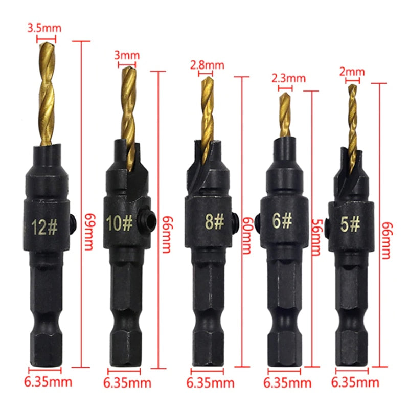 5pcs Countersink Drill Bit Carpentry Drill Set Drilling Pilot Holes For Screw Sizes #5 #6 #8 #10 #12 Drilling Woodworking Tools