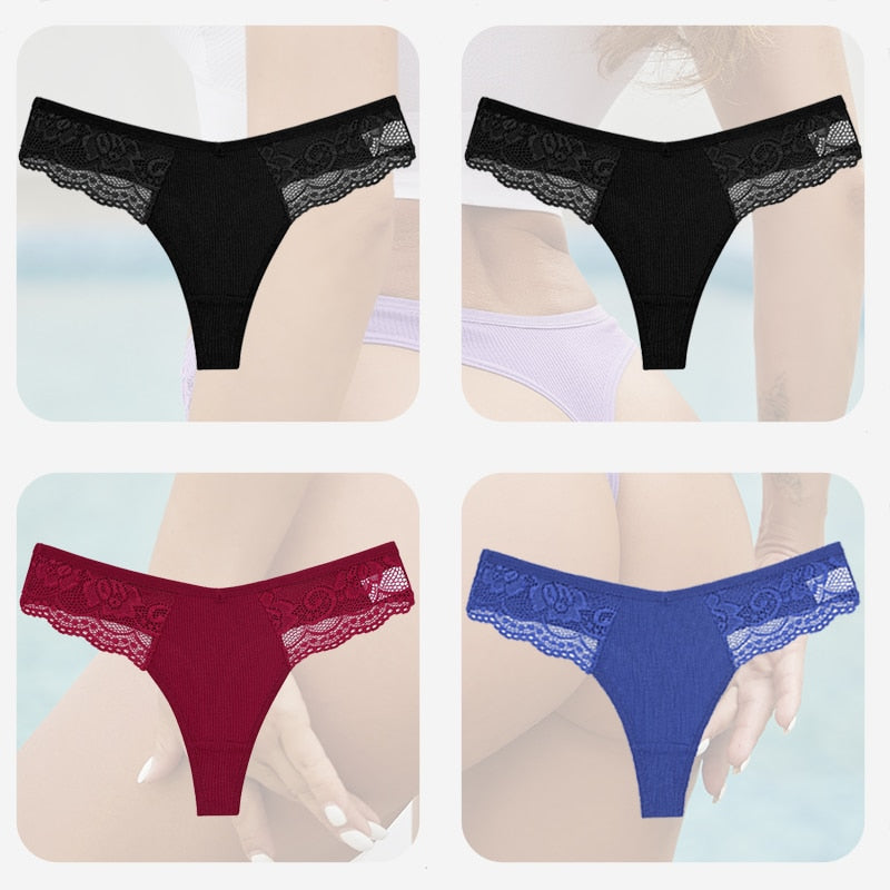 4PCS/Set Sexy Women Cotton Panties Lace Thong Underwear for Female Intimates Lingerie T-Back Floral Hollow Out Plus Size Panties