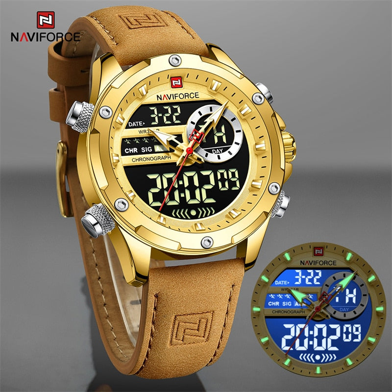 NAVIFORCE Luxury Gold Watches For Men Casual Sports Chronograph Alarm Quartz Wrist Watch Leather Waterproof Digital Clock 9163