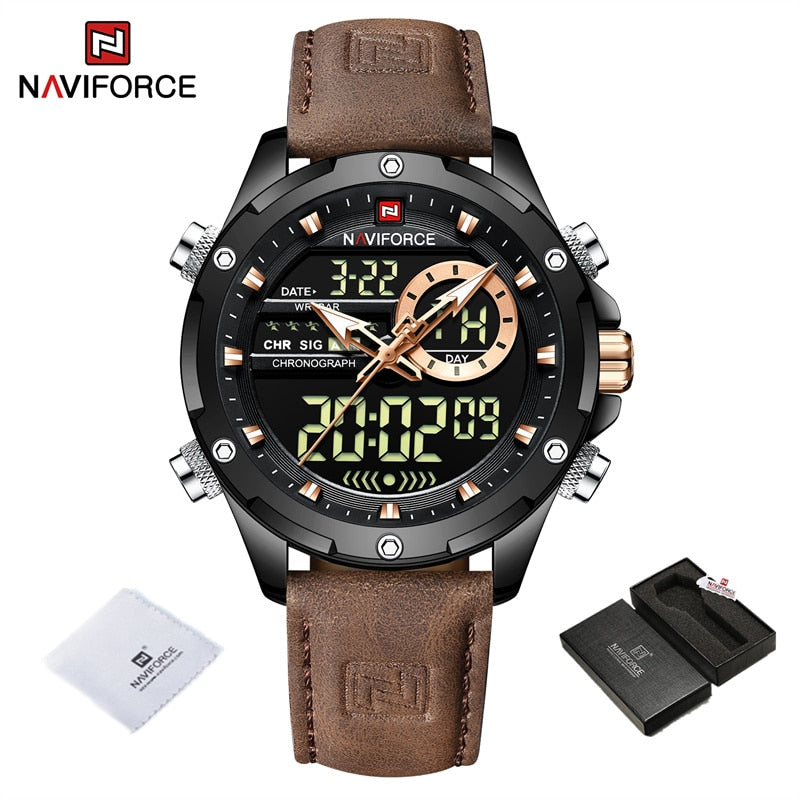 NAVIFORCE Luxury Gold Watches For Men Casual Sports Chronograph Alarm Quartz Wrist Watch Leather Waterproof Digital Clock 9163