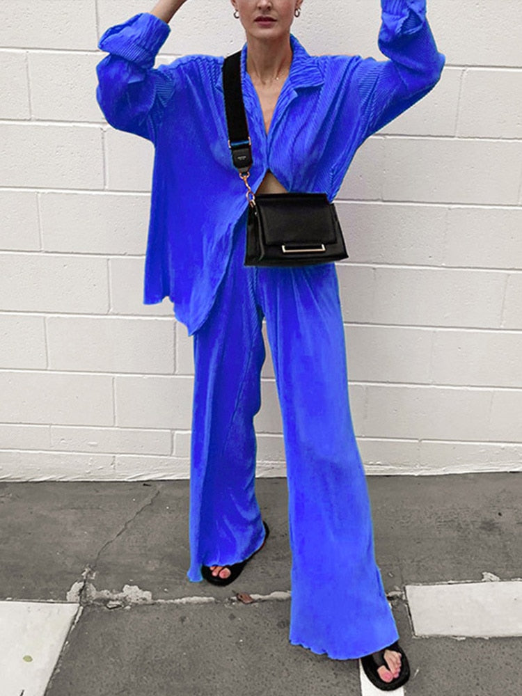 Ladies Shirt Suits Pleated Notched Single-Breasted Female Cardigan Two-Piece Loose Shirts and High-Waist Wide-Leg Pants Sets