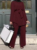 Women Autumn Blouses ZANZEA Fashion Muslim Sets Long Sleeve Turkish Blouses Pants Abaya Solid Islamic Clothing 2PCS Oversized