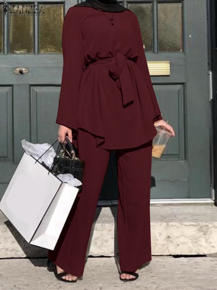 Women Autumn Blouses ZANZEA Fashion Muslim Sets Long Sleeve Turkish Blouses Pants Abaya Solid Islamic Clothing 2PCS Oversized