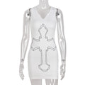 Sifreyr Cross Printed White Mini Dress For Women Sleeveless V-Neck Basic Tank Dress Y2K Streetwear Outfits Party Bodycon Dresses