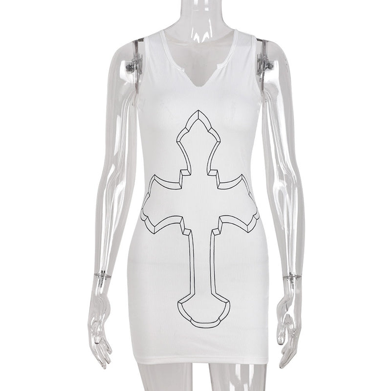 Sifreyr Cross Printed White Mini Dress For Women Sleeveless V-Neck Basic Tank Dress Y2K Streetwear Outfits Party Bodycon Dresses