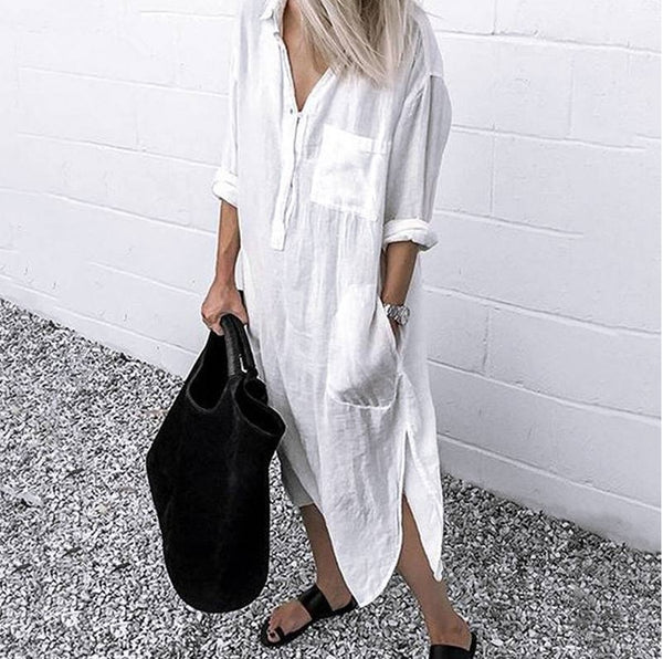 Women Shirt Dress Spring Summer Lapel Button Long Sleeve Side Split Dresses Elegant Solid Work Office Vestidos Female Tunic Robe