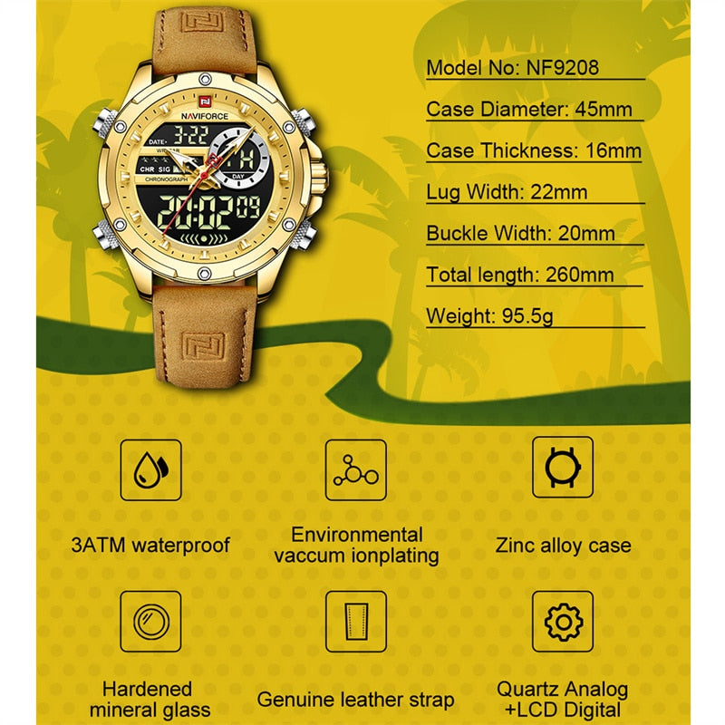 NAVIFORCE Luxury Gold Watches For Men Casual Sports Chronograph Alarm Quartz Wrist Watch Leather Waterproof Digital Clock 9163