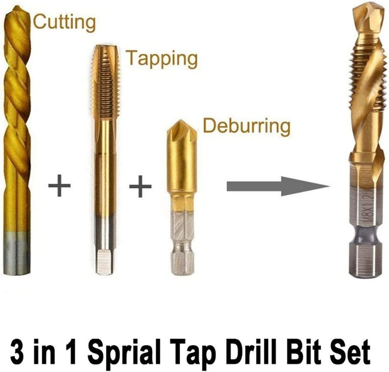 M3 M4 M5 M6 M8 M10 Tap Drill Titanium Plated Hex Shank HSS Screw Machine Compound Hand Tools Metric Thread Tap Drill Bits Set