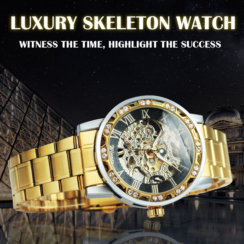 WINNER Transparent Skeleton Watch for Men Mechanical Wristwatches Diamond Watches Mens Luxury Stainless Steel Strap Unisex Clock