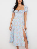 NewAsia Floral Print Dress Sweet Square Neck Puff Sleeve Side Spilt Drawstring Maxi Dresses for Women Party Chic Casual Outfits