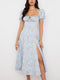 NewAsia Floral Print Dress Sweet Square Neck Puff Sleeve Side Spilt Drawstring Maxi Dresses for Women Party Chic Casual Outfits