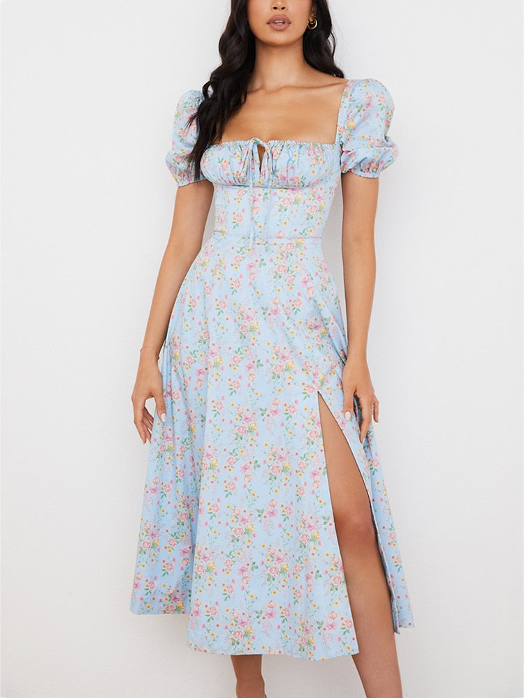 NewAsia Floral Print Dress Sweet Square Neck Puff Sleeve Side Spilt Drawstring Maxi Dresses for Women Party Chic Casual Outfits