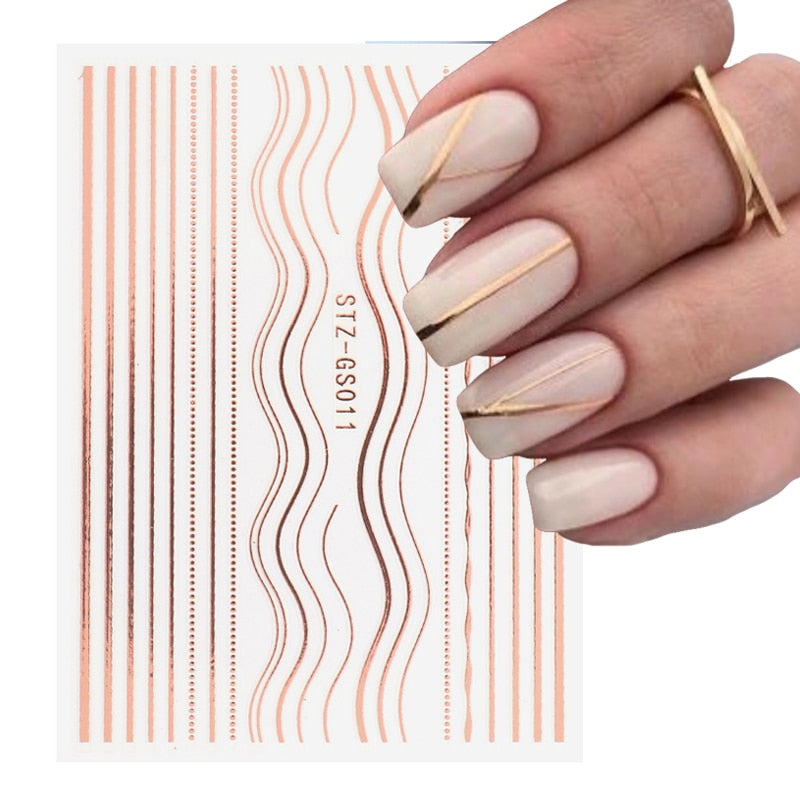 3D Lines Nail Stickers DIY Rose Gold Metal Stripe Lines Letters Decals Curve Nail Art Sliders Self Adhesive Decorations Manicure