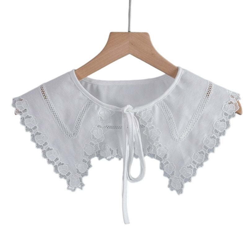 Royal Style Cotton Fake Collar Shawl Wrap Hollow Out Floral Lace Ruffled Trim Necklace Pointed Triangle Lapel Blouse
