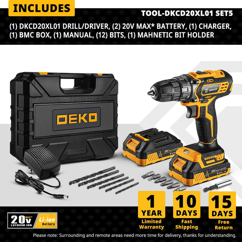 DEKO 20V MAX Cordless Drill Power Tools Wireless Drills Rechargeable Drill Set for Electric Screwdriver Battery Driller Tool