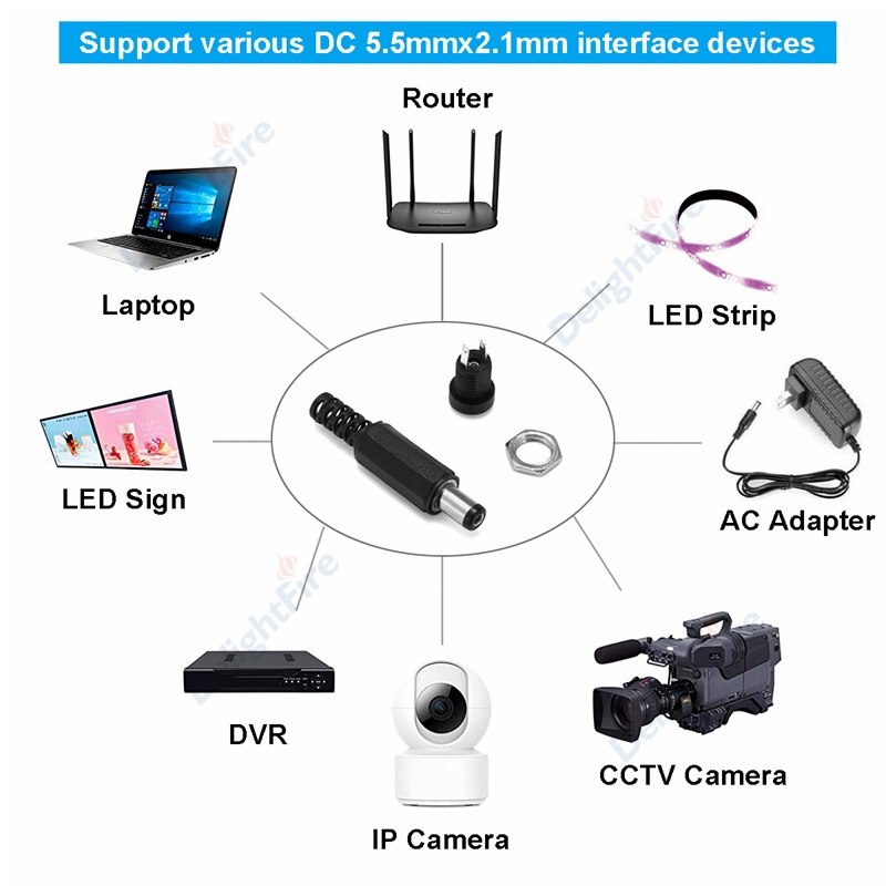 12V 3A 5.5mm 2.1mm Plug Socket DC Connectors DC Power Socket Male Female Jack Screw Nut Panel Mount DC Power Adapter Connector