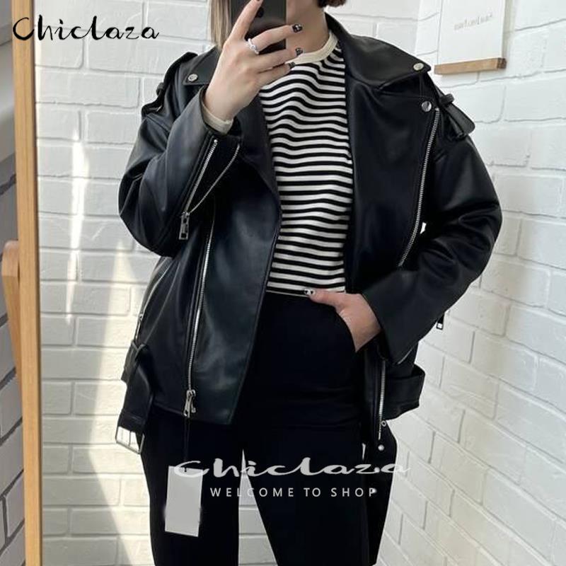 CHICLAZA Women 2022 Spring Fashion Black Faux Leather Jacket Ladies Casual Zipper Biker Coat Female Autumn Loose Couple Outwear