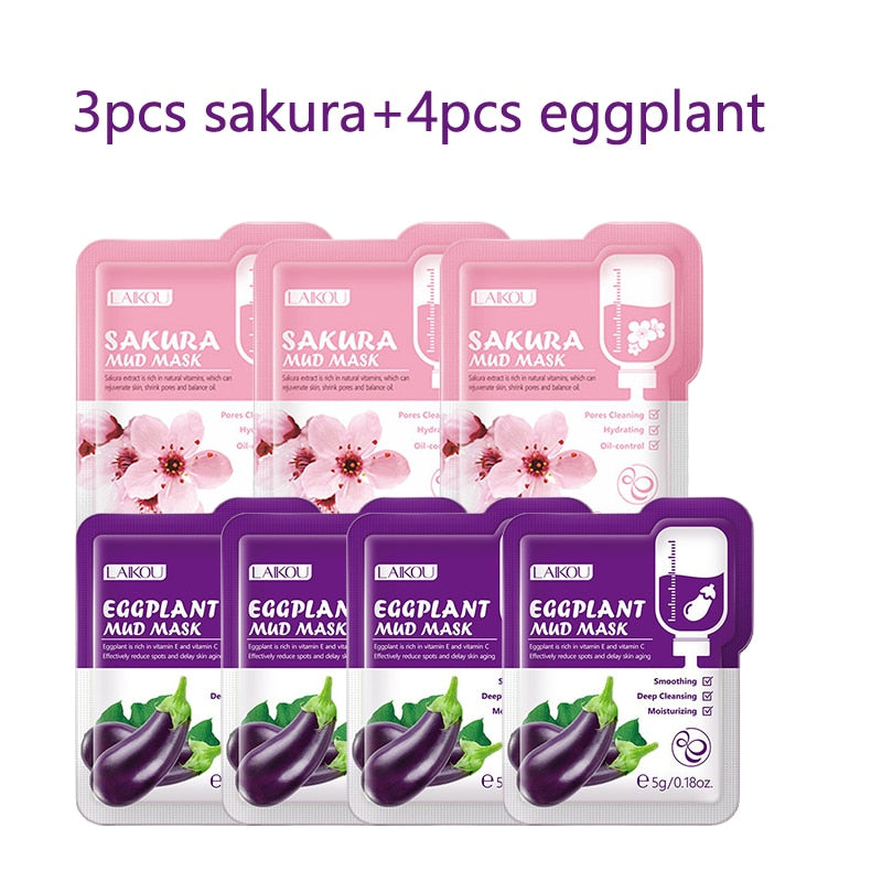 LAIKOU 7pcs Japan Sakura Mud Face Mask Cleansing Whitening Moisturizing Oil-Control Anti-Aging Clay Mask Packs Facial Skin Care
