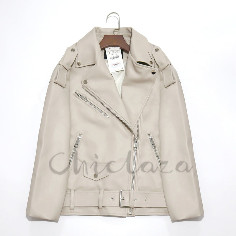 CHICLAZA Women 2022 Spring Fashion Black Faux Leather Jacket Ladies Casual Zipper Biker Coat Female Autumn Loose Couple Outwear