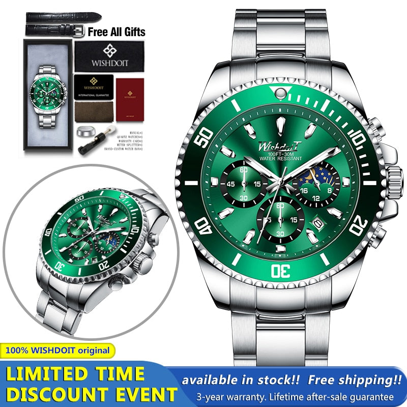 100%Original WISHDOIT Watch for Men TOP Brand Waterproof Sports Stainless Steel Chronograph 2021New Fashion Luxury Wristwatches