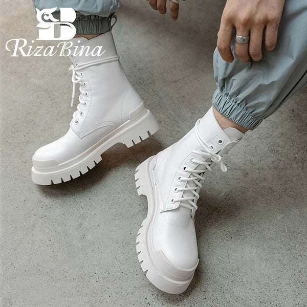 RIZABINA 2023 New Ankle Boots For Women Fashion Real Leather Heels Shoes Woman Winter Warm Fur Office Lady Footwear Size 34-39