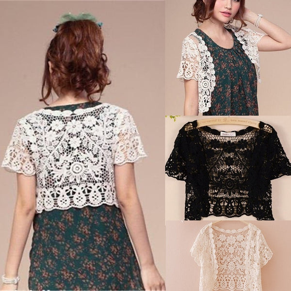 Hot Lace White/Black Bridal Summer Women Short Sleeve Shrug Bolero Wedding  Jacket Elegant Cape
