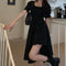 HOUZHOU Women&#39;s White Dress Summer Elegant Vintage Kawaii Puff Sleeve Midi Dress Square Collar Bandage Sundress Goth Outfits