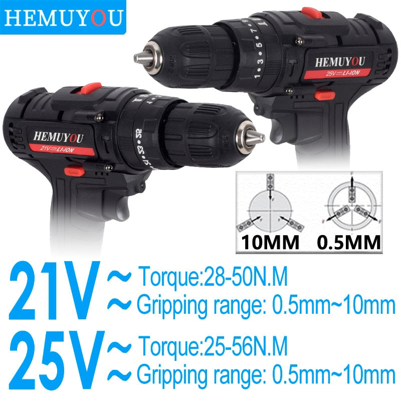 Electric Cordless Screwdriver Impact Drill 3 Functions Wireless  Mini Lithium Battery Charging Hand Drill 21V 25V