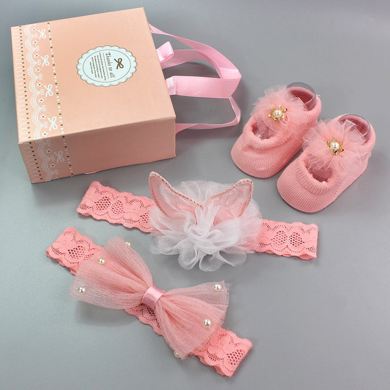 Infant Newborn Baby Girls 3Pcs/Set Slipper Socks Headband Gift Foot Socks Lace Crown Hair Band Accessories Photo Props Meias
