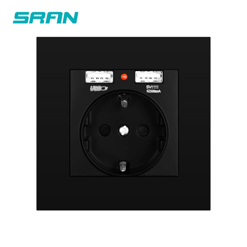 SRAN EU Power socket socket with usb for home,Dual Usb plug 5V 2A PC Panel 86*86mm Usb wall socket Smart LED ON/OFF 16A Outlets
