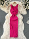 ALPHALMODA 2021 Summer Hollow Out Twisted Back Sleeveless High Slit Sexy Women Knitted Dress Solid Color Feminine Mid-calf Dress