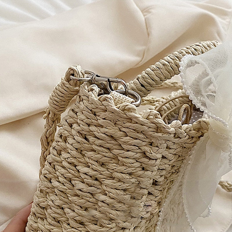 Women Shoulder Bag 2022 Straw Purses and Handbags Spring And Summer Female Shopper Fashion Solid Color Silk Scarf Crossbody Bags