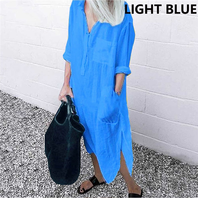 Women Shirt Dress Spring Summer Lapel Button Long Sleeve Side Split Dresses Elegant Solid Work Office Vestidos Female Tunic Robe
