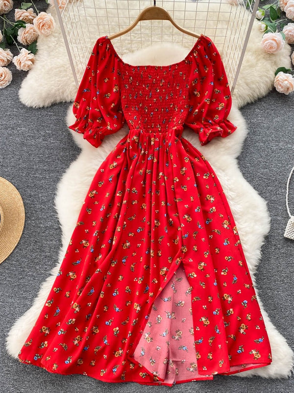 YuooMuoo Limited Big Sale Women Dress Fashion Romantic Floral Print Split Long Summer Dress Puff Sleeve Party Korean Vestidos
