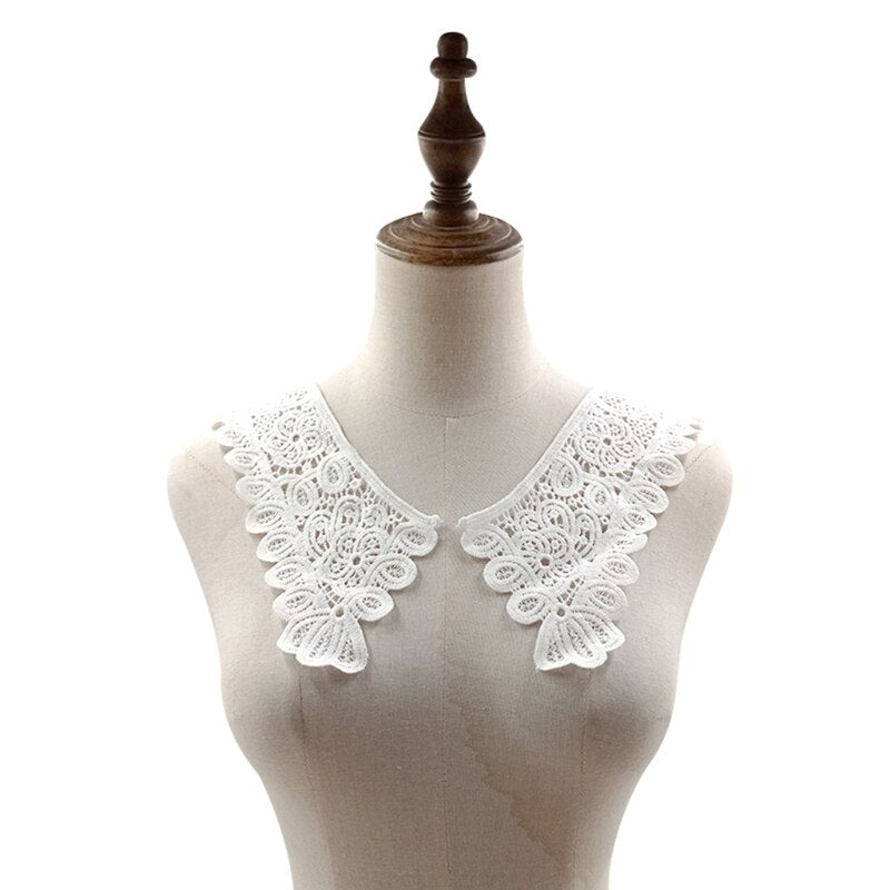 Royal Style Cotton Fake Collar Shawl Wrap Hollow Out Floral Lace Ruffled Trim Necklace Pointed Triangle Lapel Blouse