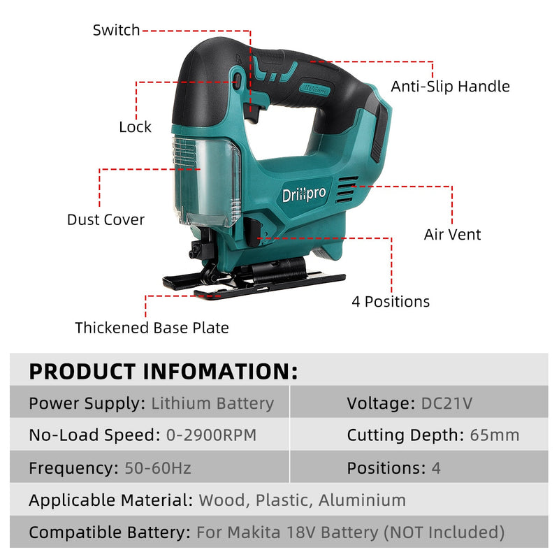 Drillpro 21V 65mm 2900RPM Cordless Jigsaw Electric Jig Saw Portable Multi-Function Woodworking Power Tool for Makita 18V Battery