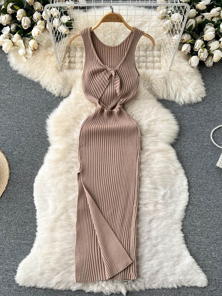 ALPHALMODA 2021 Summer Hollow Out Twisted Back Sleeveless High Slit Sexy Women Knitted Dress Solid Color Feminine Mid-calf Dress