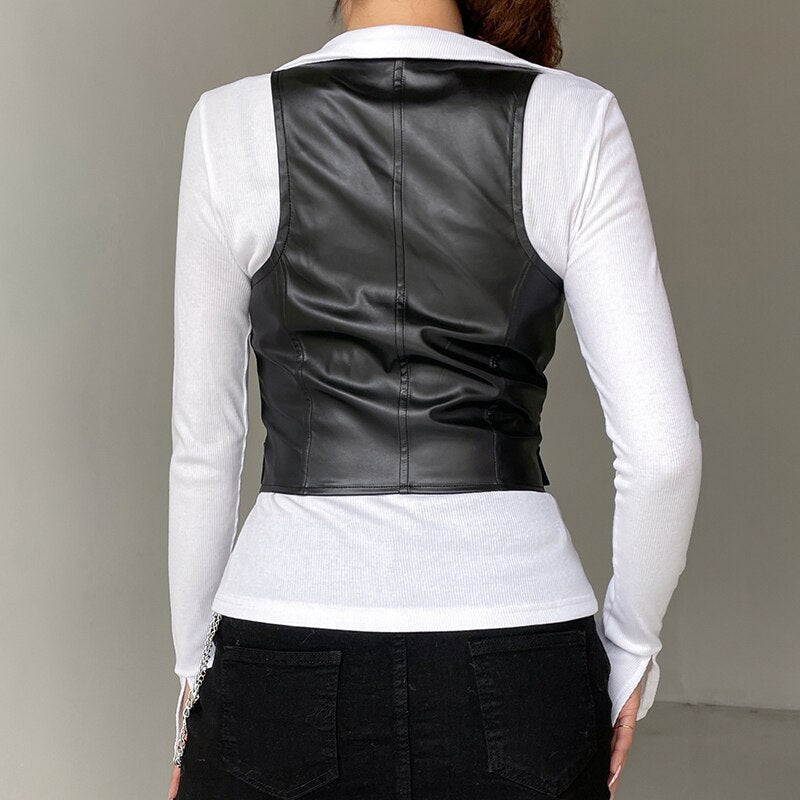 Xingqing y2k PU Leather Vest Vintage Aesthetic Women V Neck Sleeveless Button Tank Tops 2000s Dark Academia Tshirt Waistcoat