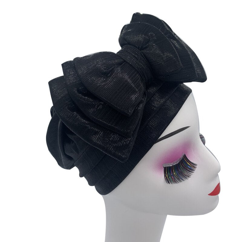 Shinning Multi-layer Bowknot Turban Cap for Woman Fashion African Headtie Nigeria Wedding Turbans Hat Muslim Headwrap Bonnet