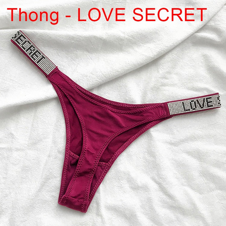 Sexy Women Pantie Crystal Rhinestone Letter Secret Underwear Fitness Gym Love Thongs Low Rise Tanga Female Push Up Lingerie