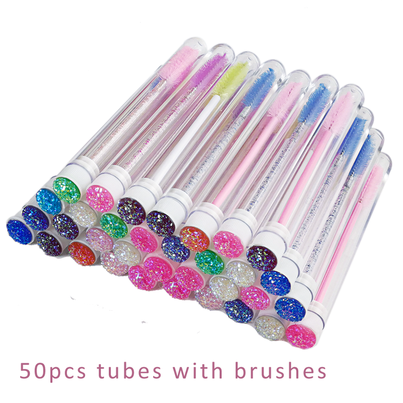 50pcs Reusable Eyelash Brush Tube Disposable Eyelash Wands Eyebrow Brush Replaceable Dust-proof Sparkling Broken Diamond Bottom