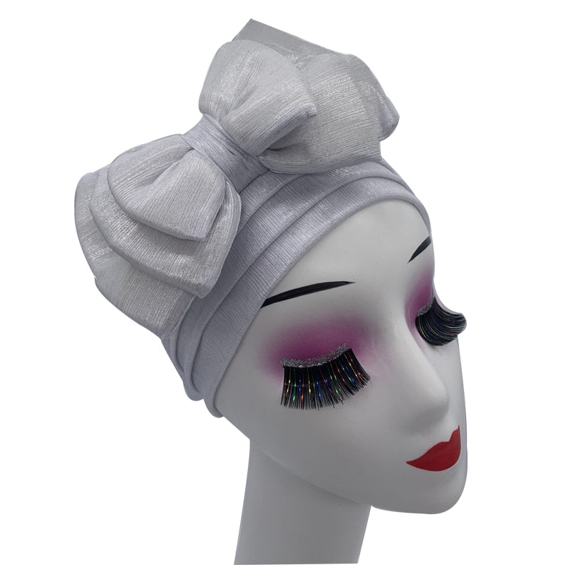 Shinning Multi-layer Bowknot Turban Cap for Woman Fashion African Headtie Nigeria Wedding Turbans Hat Muslim Headwrap Bonnet