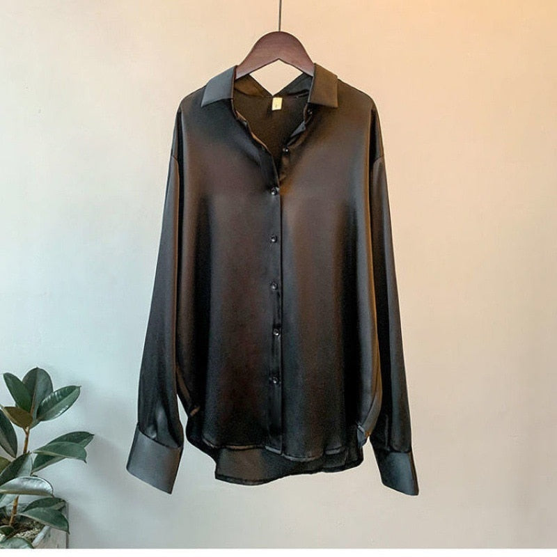 Satin Shirt Womens Clothing Silk Shirts  Vintage Blouse Office Lady Sheer Top Longsleeve Dress Shirt Ladies Overshirt