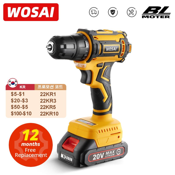 WOSAI 20V Brushless Electric Drill 50NM Cordless Screwdriver Lithium-Ion Battery Mini Electric Power Screwdriver MT-Series Tools
