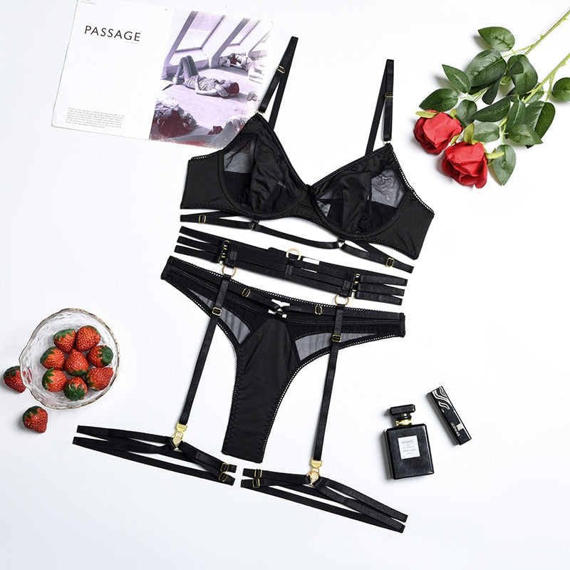Yimunancy 3-Piece Black Bra Set Women Patchwork See Through Mesh Lingerie Set Ladies Sexy Panty Underwear Set