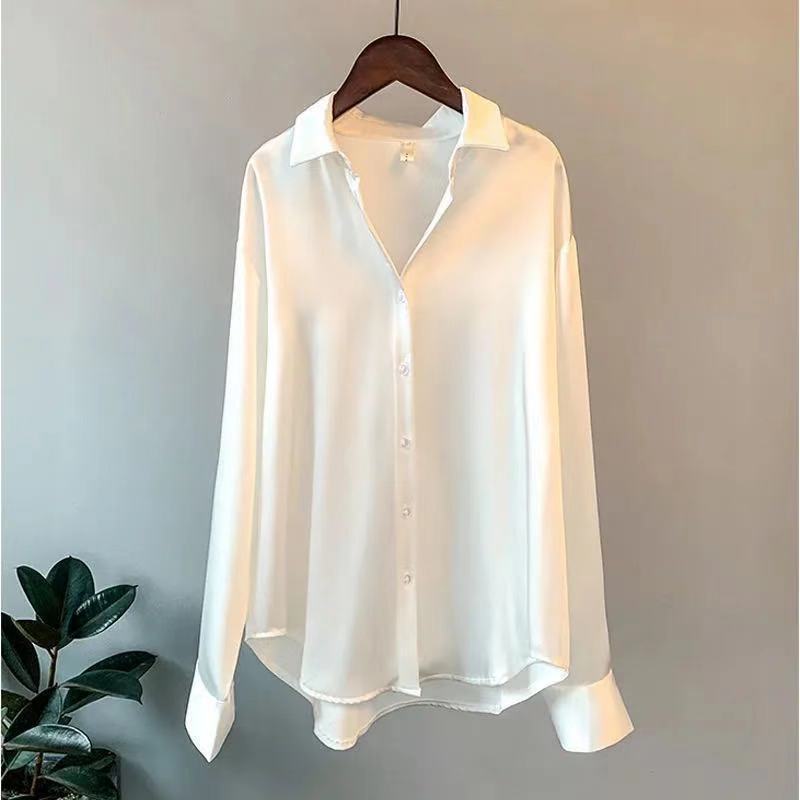 Satin Shirt Womens Clothing Silk Shirts  Vintage Blouse Office Lady Sheer Top Longsleeve Dress Shirt Ladies Overshirt
