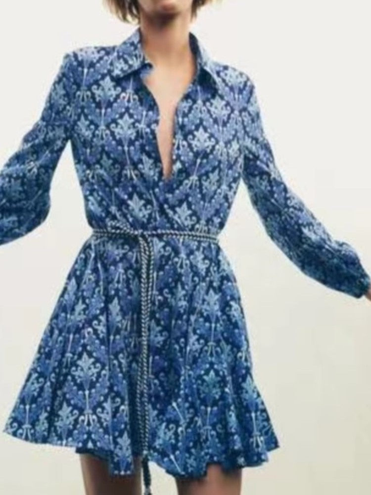 2022 Fashion Women Pleated Dress Party Drawstring Dresses Long Sleeve Female Street Outfit Floral Printed Elegant Casual Summer