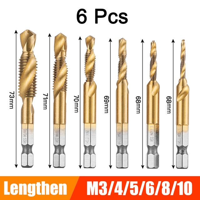 6Pcs M3-M10 Hex Shank Titanium Plated HSS Screw Thread Metric Tap Drill Bits Screw Machine Compound Thread Hand Tools