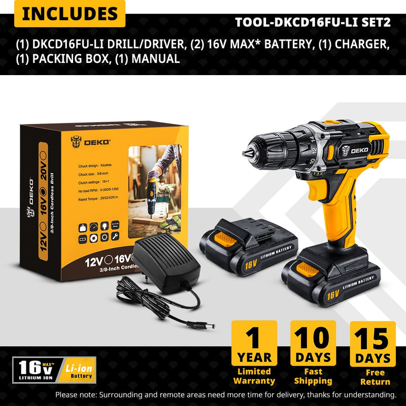 DEKO 12/16/20V MAX CORDLESS DRILL ELECTRIC SCREWDRIVER CHARGEABLE LITHIUM BATTERY POWER TOOLS FOR HOME DIY (DKCD SERIES)